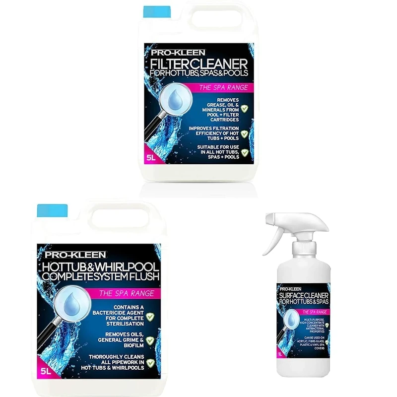 Pro-Kleen MY1437 Hot Tub, Pool & Spa Filter Cartridge Cleaner 5L & 5L of Pro-Kleen Hot Tub & Whirlpool Complete System Flush Cleaner & Pro-Kleen Antibacterial Hot Tub & Spa Surface Cleaner Spray