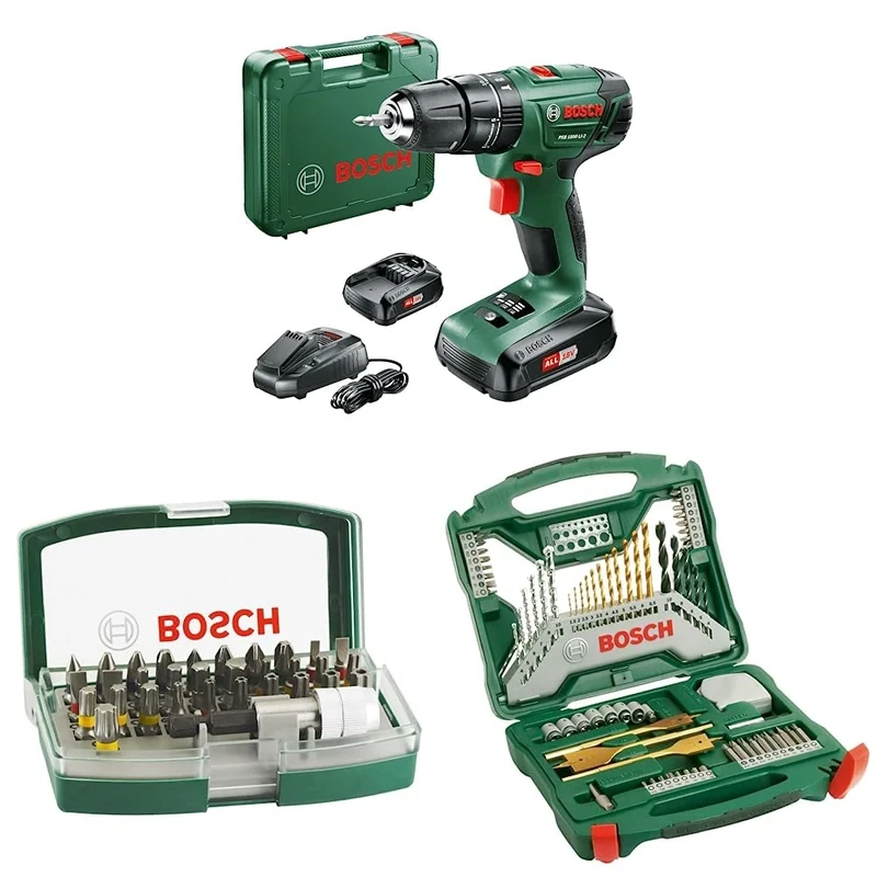 Bosch Home and Garden Cordless Combi Drill PSB 1800 LI-2 & Bosch 32pc. Screwdriver Bit Set & Bosch 70-Pieces X-Line Titanium Drill and Screwdriver Bit Set
