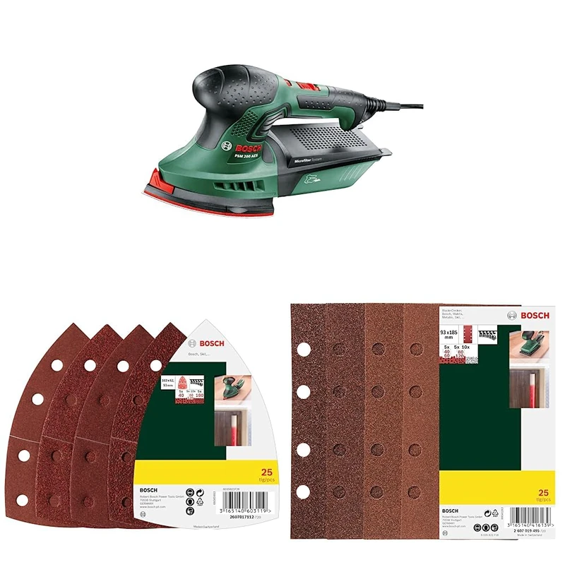 Bosch Home and Garden Multi-Sander PSM 200 AES & Bosch 25 pcs. Sanding Sheet Set & Bosch 2607019495, 25-Piece Sanding Sheet Set