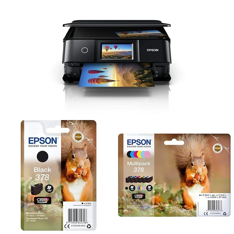 Epson Expression Photo XP-8700 Wi-Fi Colour Printer & Ink Cartridges - Epson 378 Black Squirrel Genuine, Claria Photo HD Ink & 6-colour Multipack