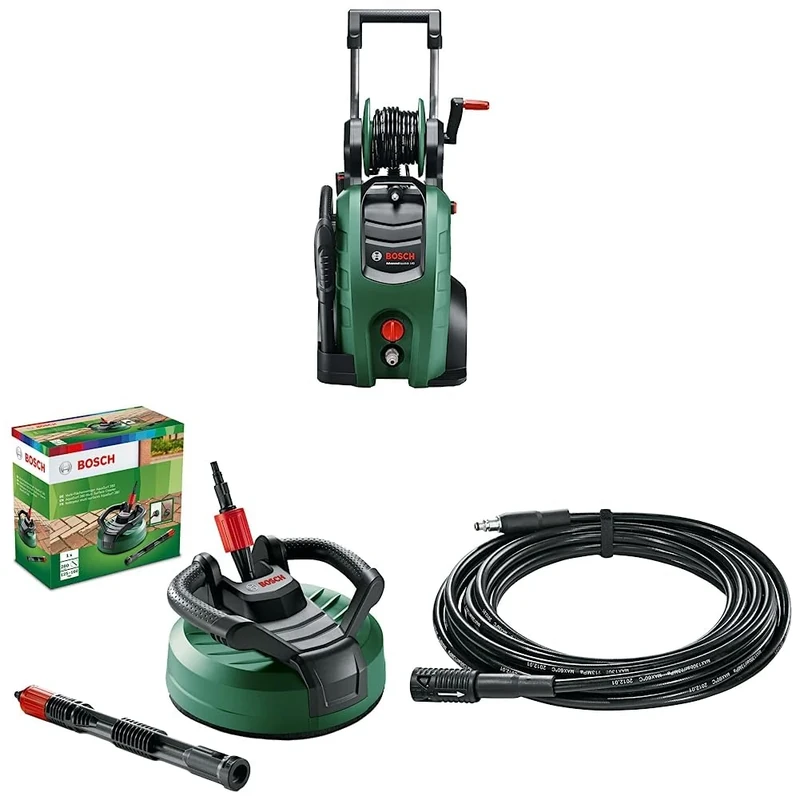 Bosch Home and Garden High Pressure Washer AdvancedAquatak 140 & Bosch AquaSurf 280 Multi-Surface Patio Cleaner & Bosch F016800361 6m Extension Hose, Green