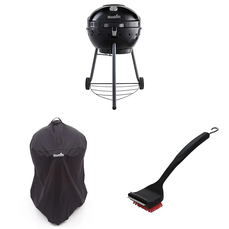 Char-Broil Kettleman™ Charcoal Barbecue Grill, Black Finish & Kettleman Grill Cover, Black & 2-in-1 'Cool-Clean' Grill