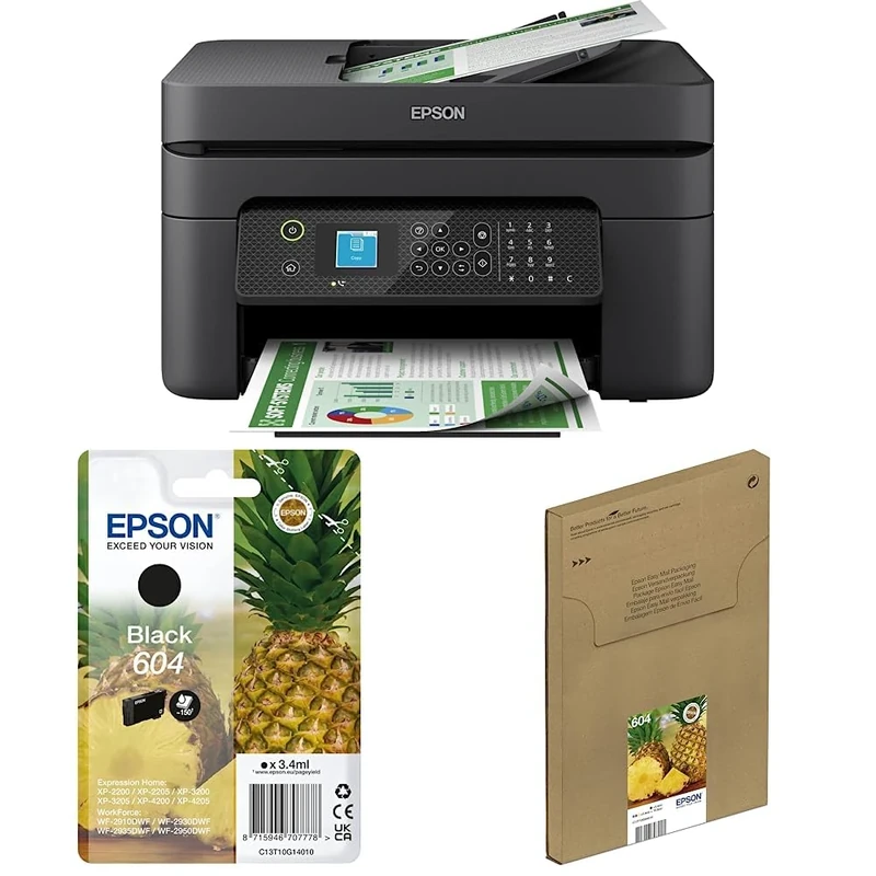 Epson WorkForce WF-2930DWF Print/Scan/Copy Wi-Fi Colour Printer 604 Pineapple, Genuine Black Ink Cartridge 604 Pineapple, Genuine Multipack, Eco-Friendly Packaging