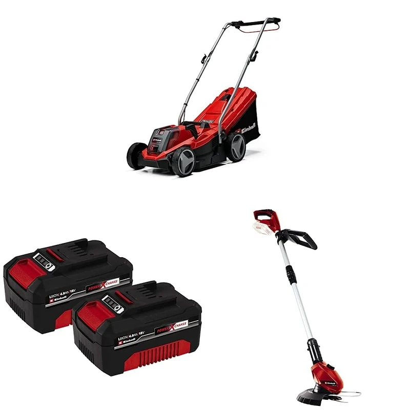 Einhell Power X-Change 18V Cordless Bundle - Lawnmower (33cm) With Battery and Charger, 4.0Ah Lithium-Ion Battery Twin Pack, and Strimmer (24cm)