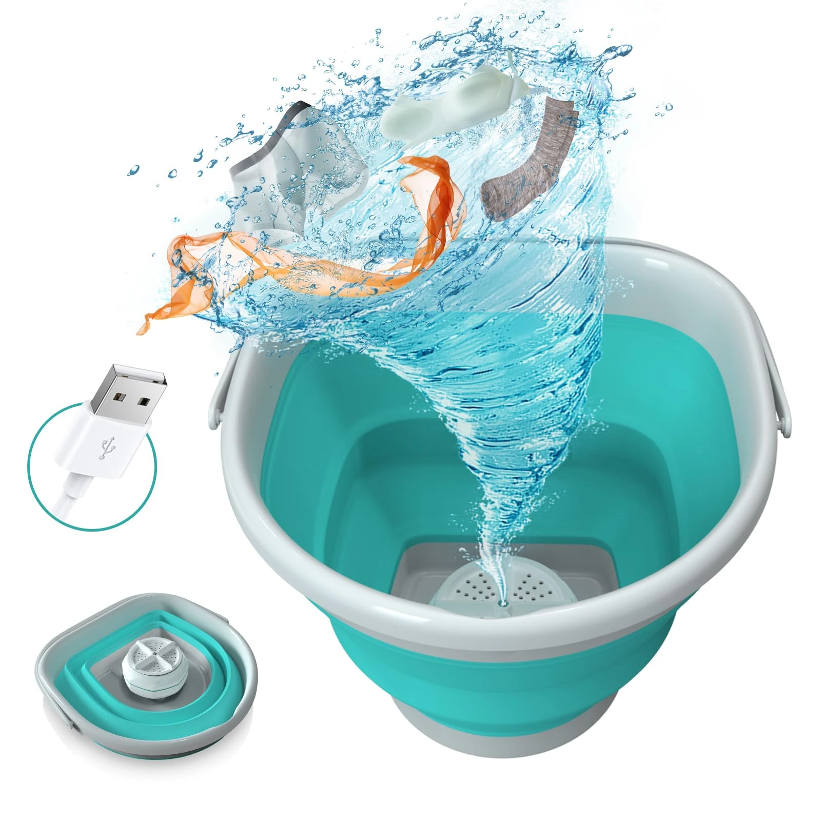 bubbacare Mini Washing Machine, 10L Foldable Laundry Tub Portable, Ultrasonic Turbine Washer by USB Powered, Compact Baby Clothes Washer for Home Travel Apartments Dorms Socks Underwear Bra, 666-02