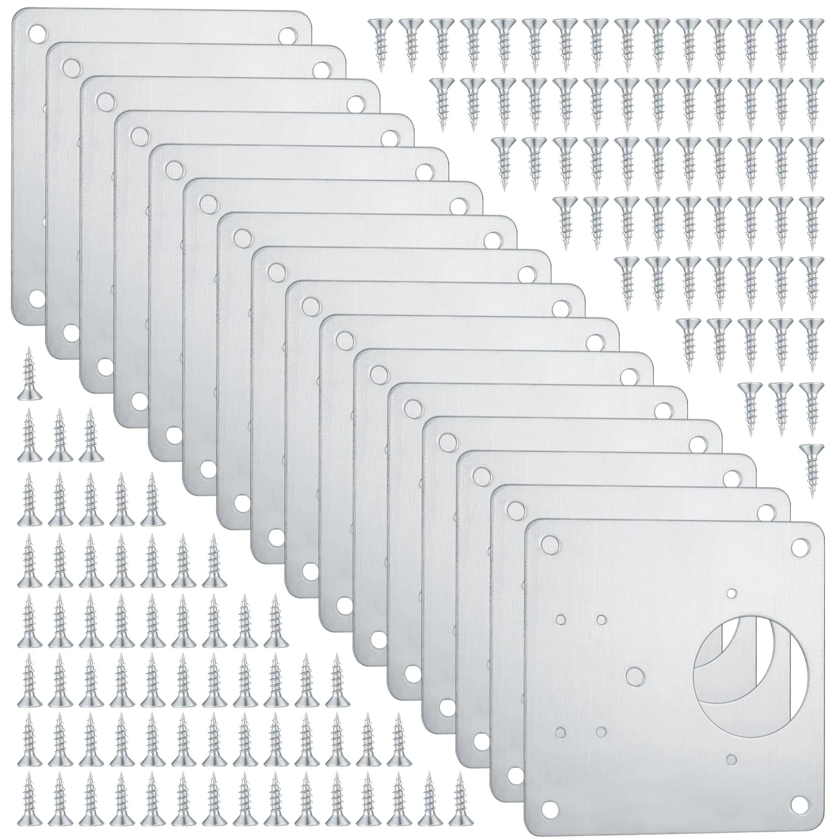 16 Pcs Hinge Repair Plate, Kitchen Cupboard Cabinets Door Hinge Repair Plate, Stainless Steel Hinges Repair Plates Brackets with Holes, Flat Fixing Joining Mending Plates Brackets with 128 Pcs Screws