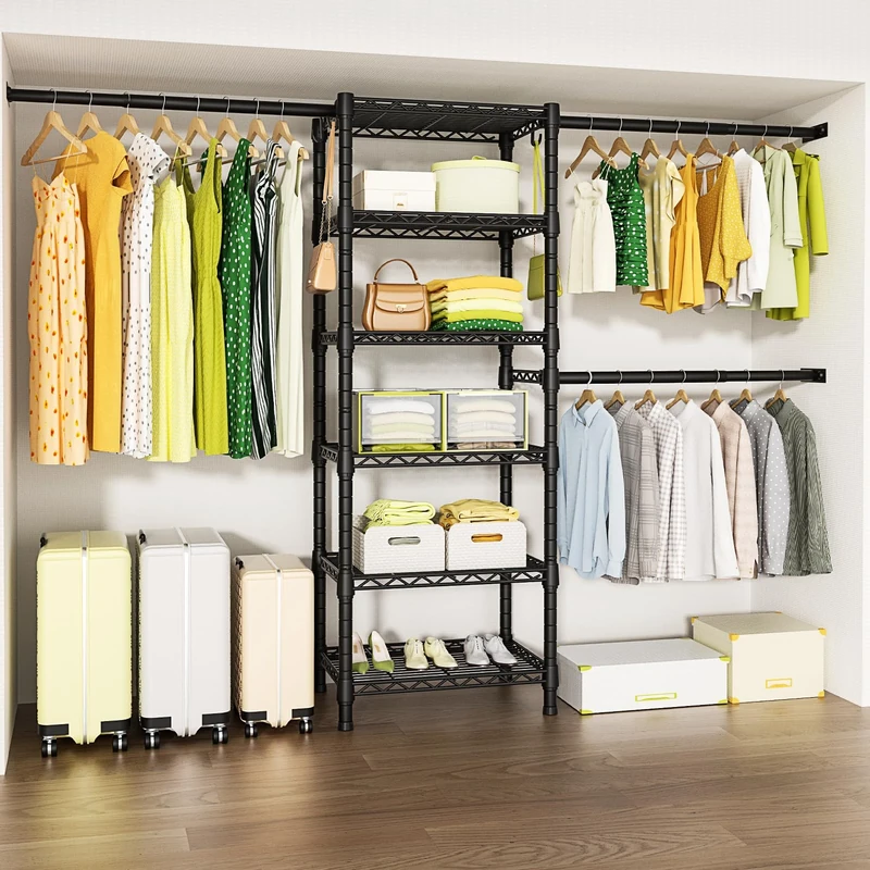 Ulif M5 Wall Mounted Clothes Garment Rack, Heavy Duty Closet Storage and Organizer System with 6 Shelves and 3 Expandable Hanger Rods, Space Saver Suit (46.2-102.4)"W x 14"D x 83.1"H, Black