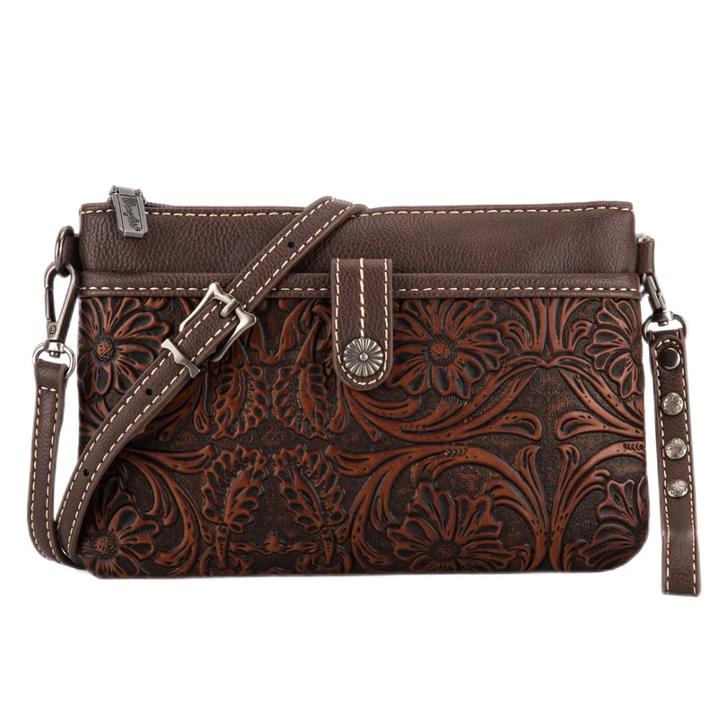 Wrangler Western Cowhide Crossbody Bags for Women Clutch Wristlet Purse, Tooling-coffee, One Size