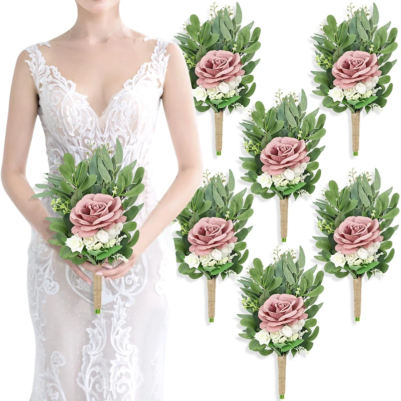 SEMONONIA 8 Inch Bridesmaid Bouquets Set of 6 - Artificial Flowers Greenery Bouquet for Wedding, Small Floral Bouquet for Ceremony Anniversary Marriage Proposal Centerpiece Decorations - Dusty Pink