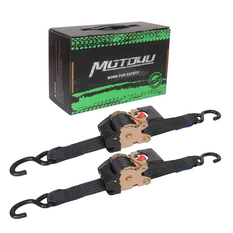 MOTO4U 2" x 9.8' Retractable Ratcheting Tie-Down Strap Self-contained Compact Cargo Strap Tiedowns with Double S-Hooks for Motorcycle Boats Trailers（one Pair）