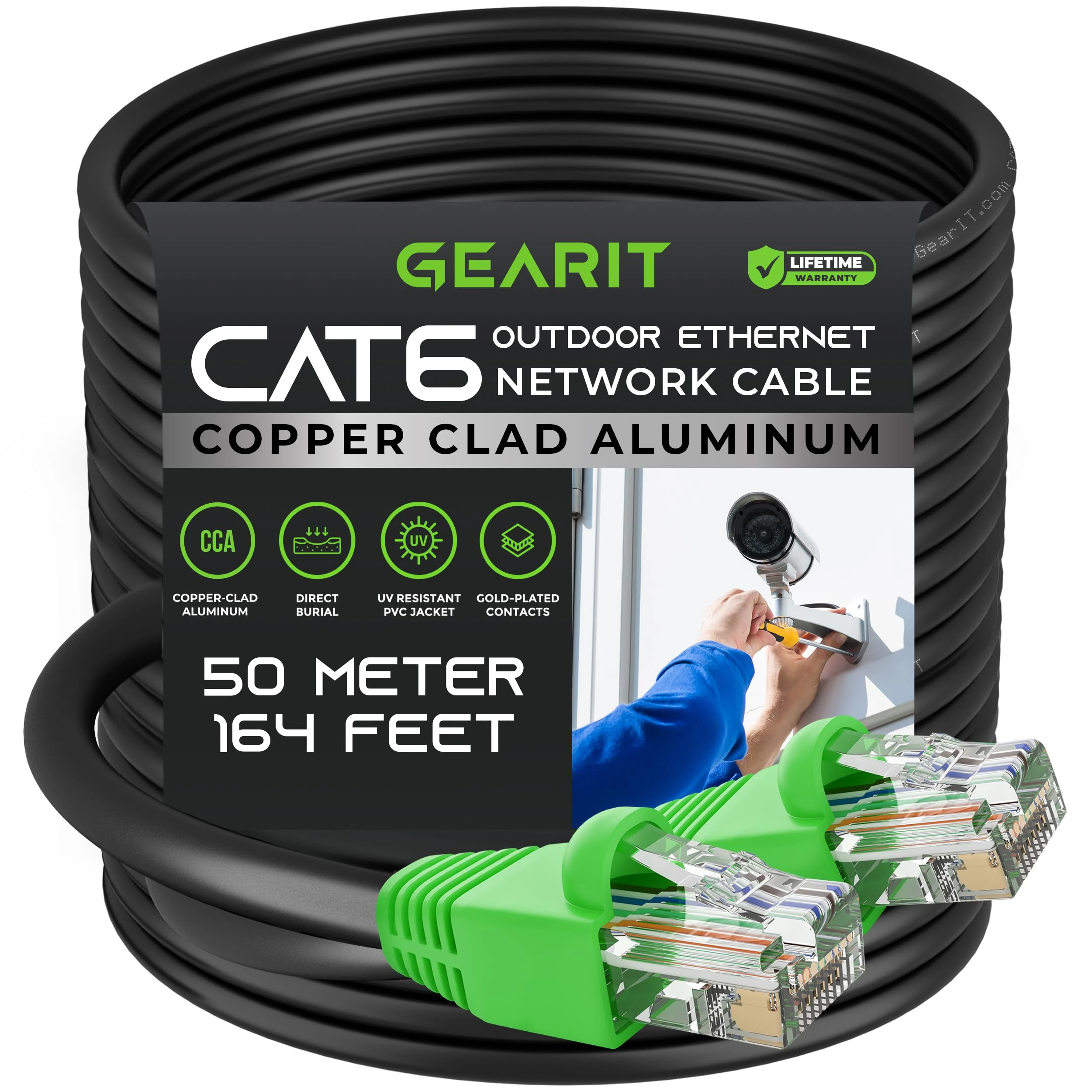 GEARit Cat6 Outdoor Ethernet Cable (50 Meters) CCA Copper Clad, Waterproof, Direct Burial, In-Ground, UV Jacket, POE, Network, Internet, Cat 6, Cat6 Cable - 50m