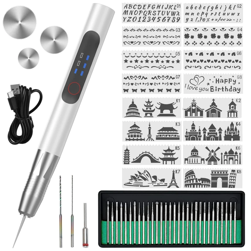 Engraving Pen Electric Engraving Tool Kit USB Cordless Rechargeable Engraving Pen Mini DIY Engraver Pen for Carving Glass Wood Metal Stone Plastic Nails Jewelry (Silver Grey)