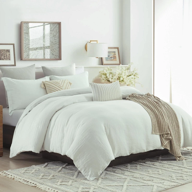 CozyDH White Linen Duvet Cover Set - 3 Pieces Natural Linen Cotton Blend Duvet Cover Queen 90"x90" with 8 Corner Ties and Zipper Closure, Soft Breathable Cooling Bedding for Hot Sleepers