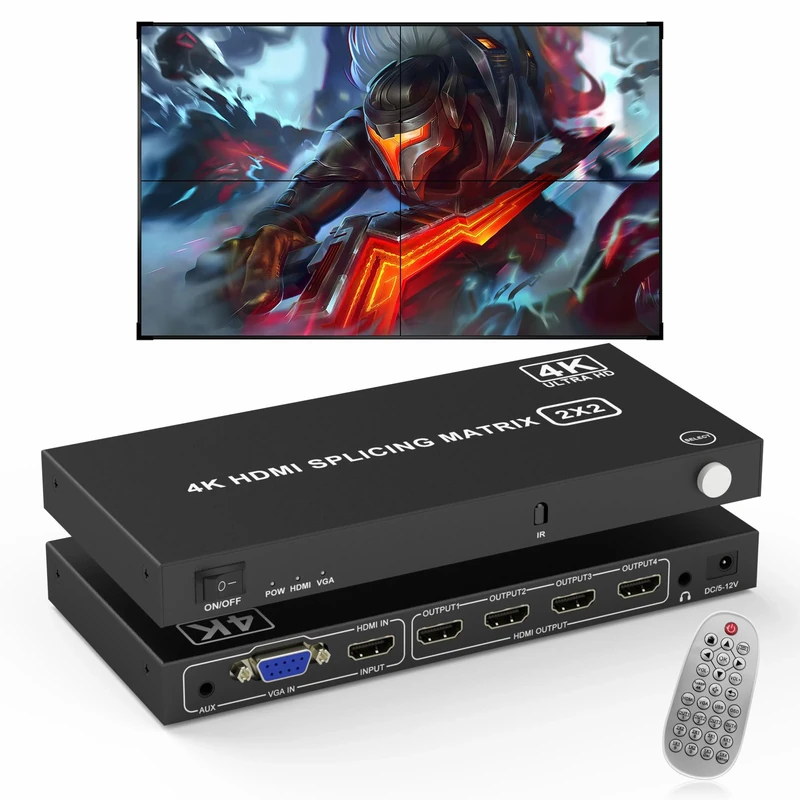 2x2 HDMI Video Wall Controller, 4K@30HZ TV Wall Controller With VGA Input, 180 Degree Rotation, 8 Display Modes 1x1 1x2 1x3 1x4 2x2 2x1 3x1 4x1, Remote Control for 4 TV Splicing