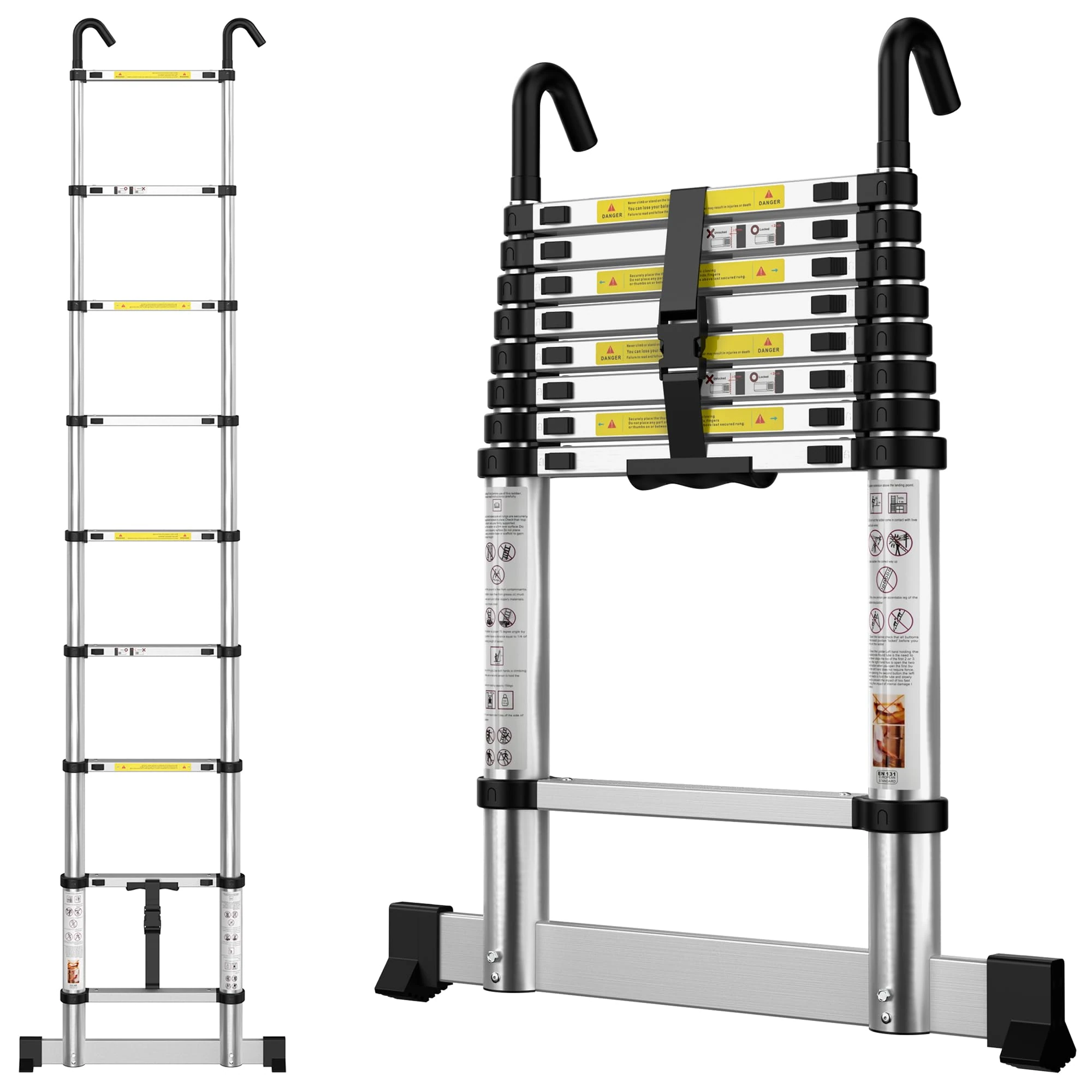 Telescopic Ladder 2.6M / 8.5FT Aluminium Extension Loft Ladder with Stabilizer Bar & Detachable Hooks, Multi Purpose Extendable Portable Ladders, 9 Steps, Black, Aluminium