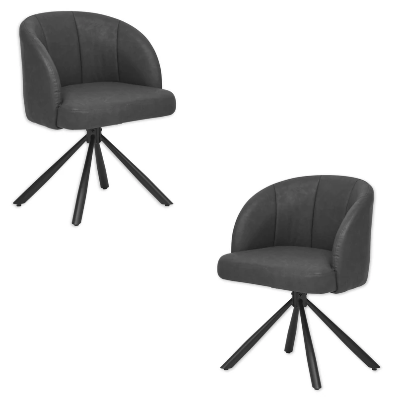 Stella Trading Grace Dining Room Chairs Set of 2 in Leather Look with Black Metal Frame, Anthracite Modern Chairs for Dining Room & Living Room, 60 x 81 x 58 cm
