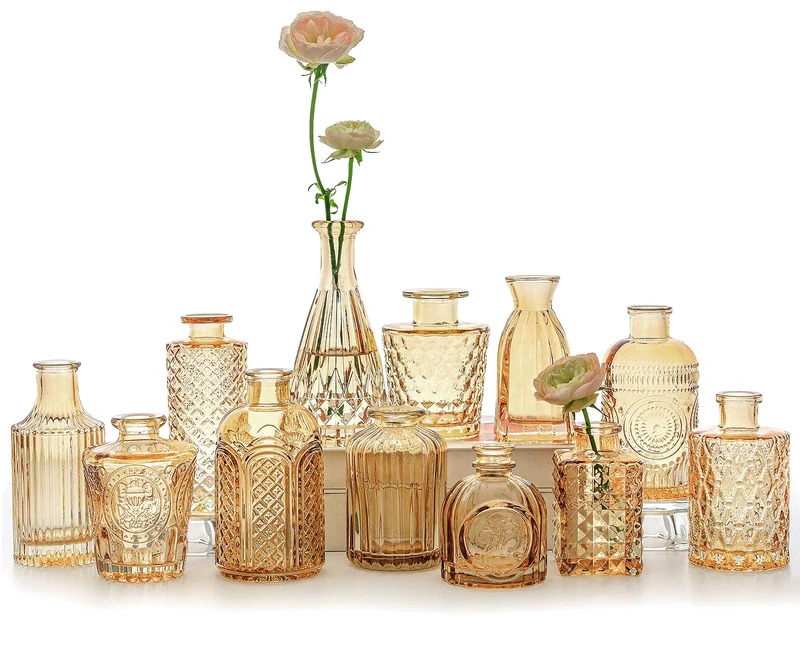 SUPMIND 12pcs Glass Bud Vase Set, Small Amber Flower Vases for Centerpieces in Bulk, Mini Vintage Vase for Wedding, Home,Table Decoration