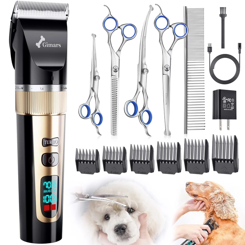 Gimars 6 in 1 7000 RPM Low Noise Dog Clippers with Professional Dog Grooming Scissors, Rechargeable Cordless Cat Grooming Kit Pet Trimmer Shaver with Comb & Scissors for Cats & Horse Thick Hair
