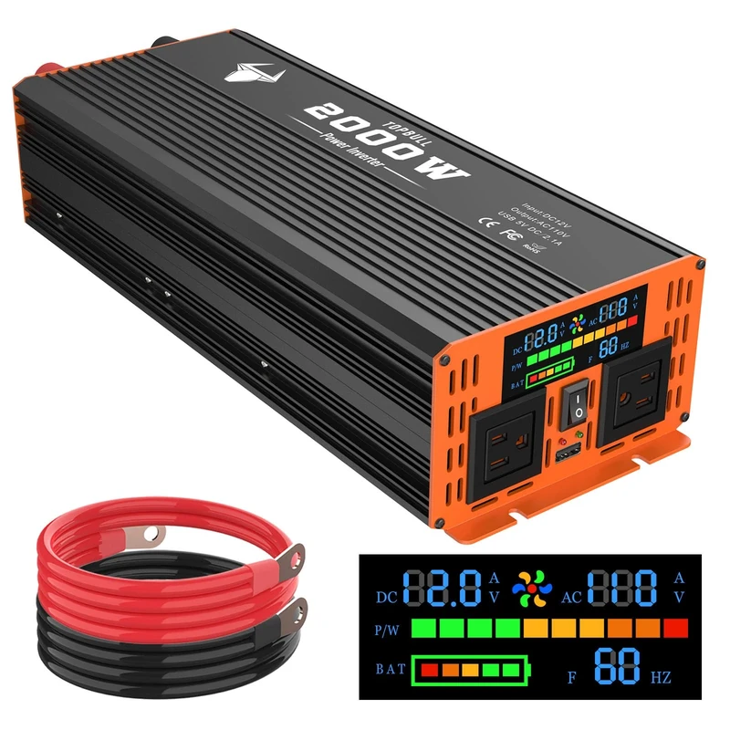 TOPBULL 2000 Watt Power Inverter for Vehicle, Car Inverter, 12V Dc to 110V AC Modified Wave Converter with 2 AC Outlets, USB Port, Dual Smart Fans for Ex