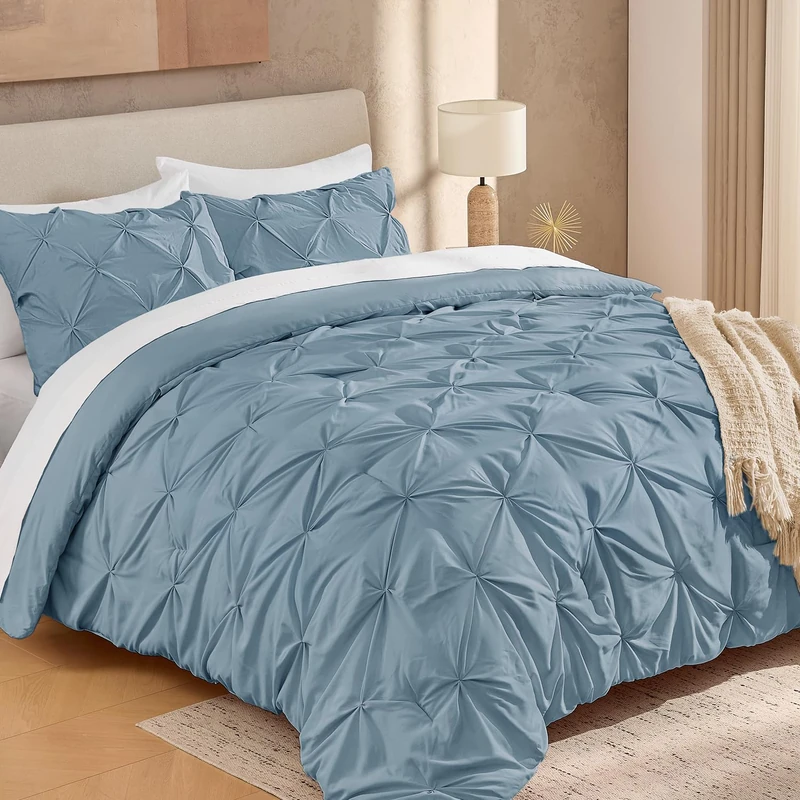 Andency California King Pinch Pleat Grayish Blue 3 Piece Comforter Set