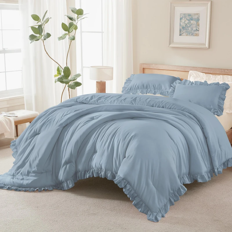 Andency Grayish Blue Queen Comforter Set, 3 Pcs Shabby Chic Bedding