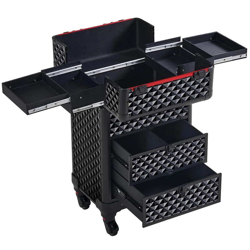 Yaheetech Rolling Makeup Train Case with Drawers Professional Cosmetic Organizer Beauty Storage Case Travelling Trolley Box