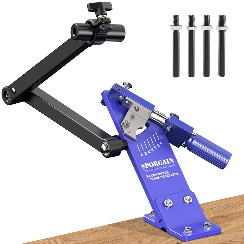 [Updated] Lawn Mower Blade Sharpener 15°-45° Adjustable Frame with Ball Bearing Manufacture Handle for Right & Left Hand Blades, Use with Angle Grinder, Blue