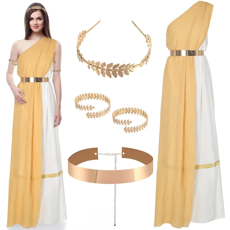 Haull 5 Pcs Golden Toga Costume for Womens Mythology Adult Athena Costume Greek Outfits with Greek Crown Waistband for Halloween Dress Up Party Supply,Mainly Gold