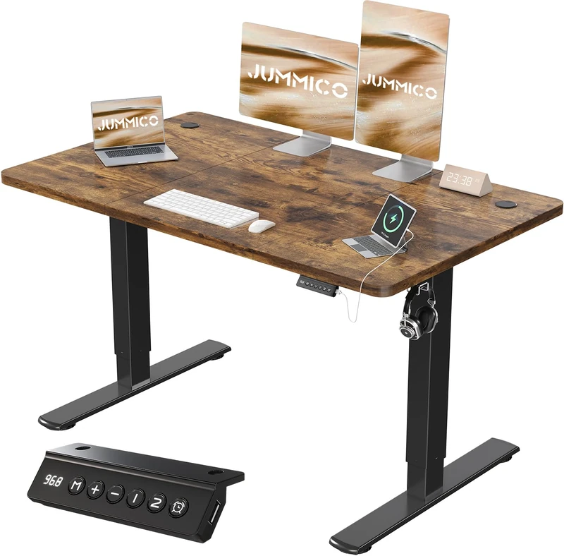 JUMMICO 120x60cm Electric Standing Desk with USB Charging Height Adjustable Desk with Sedentary Reminder Stand Up Desk with Splice Board for Home Office,Rustic Brown