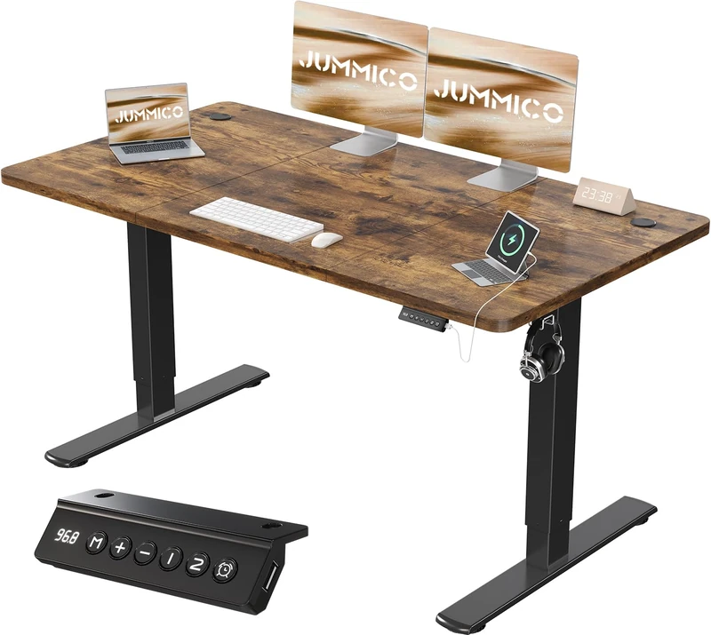 JUMMICO 140x60cm Electric Standing Desk with USB Charging Height Adjustable Desk with Sedentary Reminder Stand Up Desk with Splice Board for Home Office,Rustic Brown