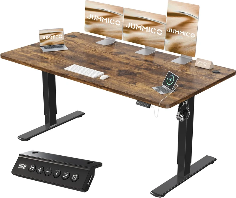 JUMMICO 160x70cm Electric Standing Desk with USB Charging Height Adjustable Desk with Sedentary Reminder Stand Up Desk with Splice Board for Home Office,Rustic Brown