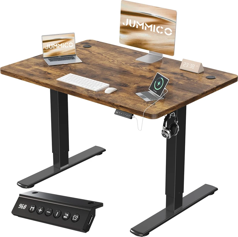 JUMMICO 100x60cm Electric Standing Desk with USB Charging Height Adjustable Desk with Sedentary Reminder Stand Up Desk with Splice Board for Home Office,Rustic Brown