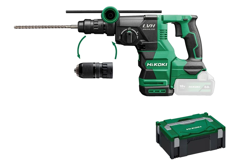 HIKOKI Akku Bohr & Meißelhammer DH1826DCW2Z, SDS-Plus Aufnahme, Plus 13 mm Metall-Schnellspann-Bohrfutter (18V, Schlagenergie: 3,2 J, Volllastschlagzahl 2.Gang: 0-4300 min-1) Zubehör im HSCII Koffer.