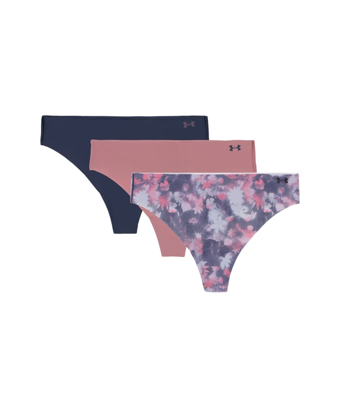 Under Armour Women's 3-Pack Pure Stretch No Show Thong Underwear – Seamless Invisible Fit, No VPL, Ultra-Soft, All-Day Comfort - Print/Solid, M