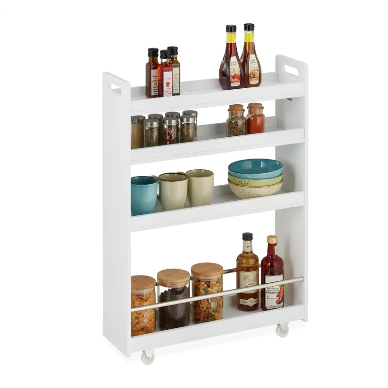 Relaxdays Niche Trolley, 4 Shelves, Narrow Storage Shelf, Kitchen & Bath, Mobile Cart, MDF, 83.5 x 18 x 59.5 cm, White