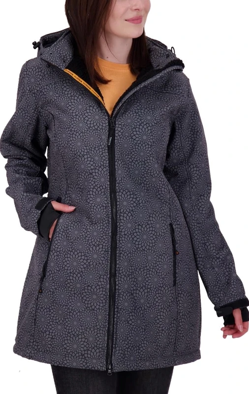 DEPROC-Active Women's Damen Gefütterter Softshellmantel Kurzmantel mit Abnehmbarer Kapuze Softshelljacke Übergangsjacke Keele Peak Softshell Jacket, Black Print, 16