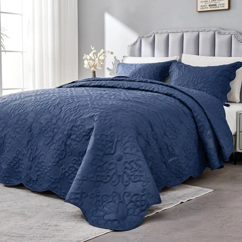Oversized King Bedspreads 128x120 Extra Wide Quilt King Size Bedding for Tall King California King Bed Lightweight 3 Piece Quilted Coverlet Pillow Shams Set Navy