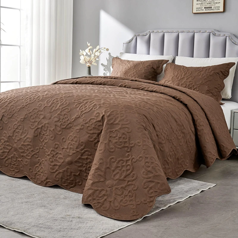 Kingnex Oversized King Bedspreads 128x120 for Tall Bed Lightweight 3 Piece Coverlet Set 1 Extra Wide Quilt 2 Pillow Shams Coffee