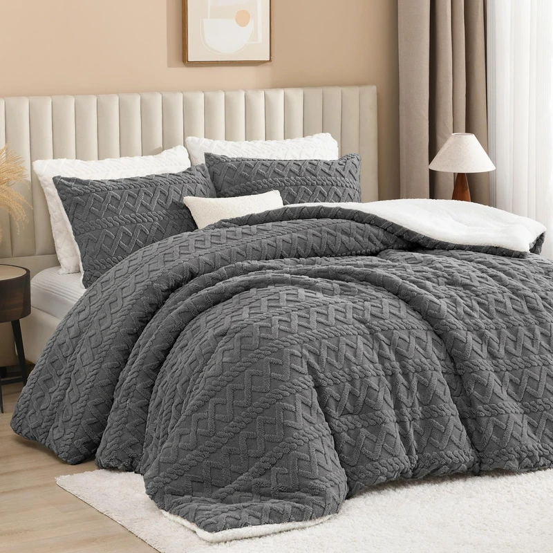 Andency Fluffy Sherpa Queen Comforter Set, Gray Fleece Soft Bedding Set