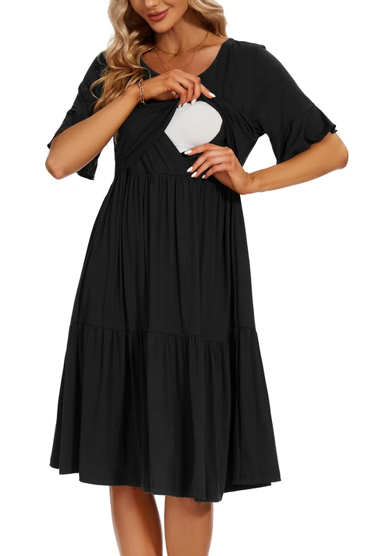 Smallshow Women's Maternity Nursing Dress Ruffle Short Sleeve Breastfeeding Clothes, Black, L - Image 1