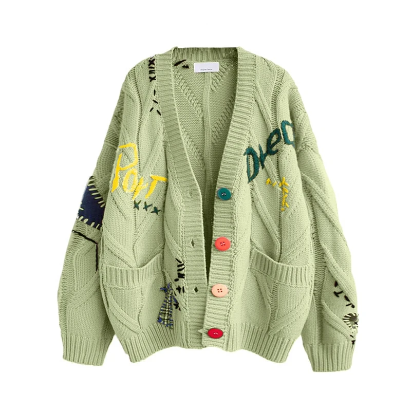 Women’s Cardigan, Long-Sleeved, Ribbed Knit, Open Front, V Neck, Buttons and Embroidery, Wool Blend, Green, L