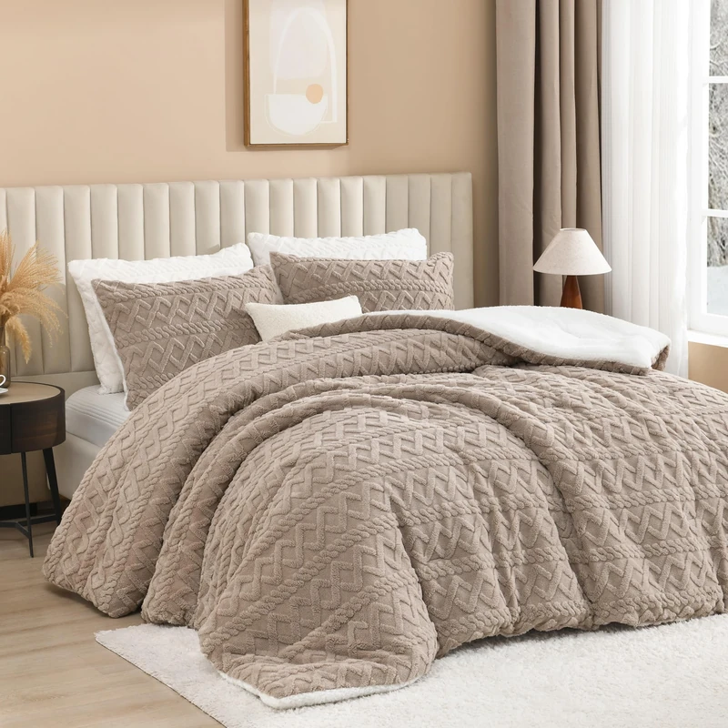 Andency Fluffy Sherpa King Comforter Set, Super Soft Khaki Fleece Warm Bedding for Winter, Luxury Jacquard Boho Thick Fuzzy Plush Bed Set 3 Pieces(1 Shaggy Comforter, 2 Pillowcases)