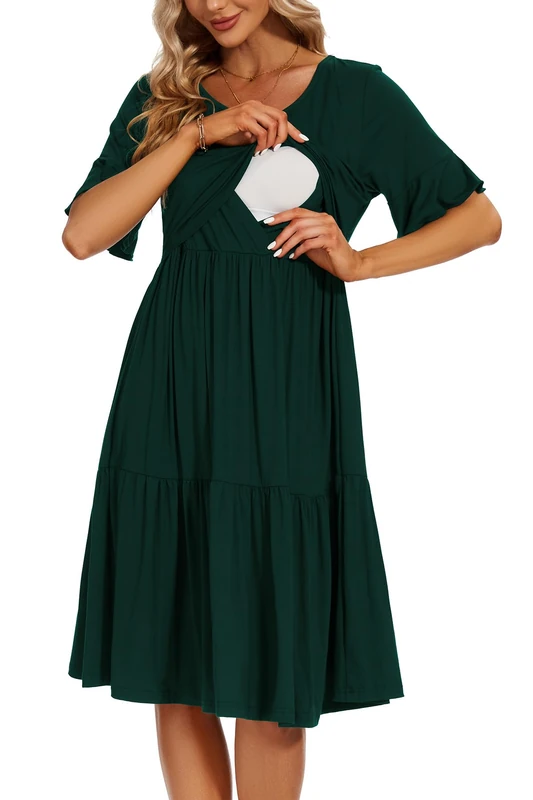 Smallshow Women's Maternity Nursing Dress Ruffle Short Sleeve Breastfeeding Clothes, Deep Green, M - Image 1