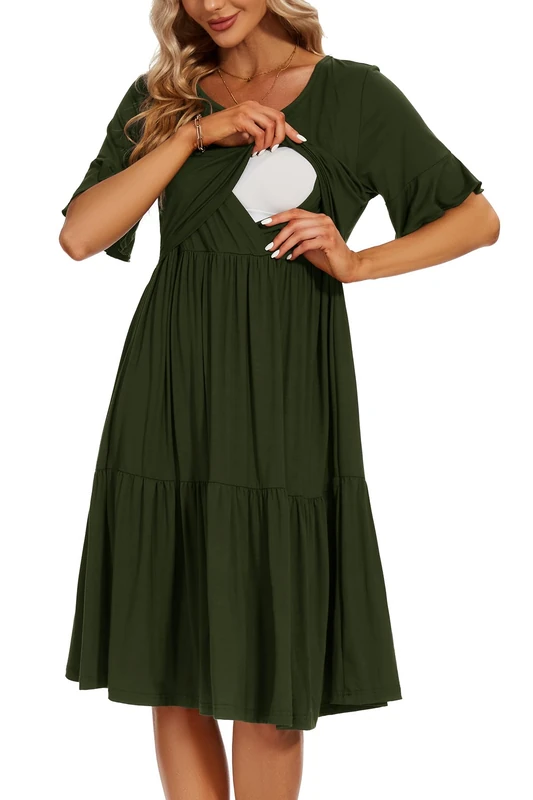 Smallshow Women's Maternity Nursing Dress Ruffle Short Sleeve Breastfeeding Clothes, Army Green, XL