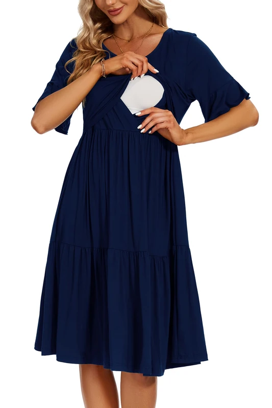 Smallshow Women's Maternity Nursing Dress Ruffle Short Sleeve Breastfeeding Clothes, Navy, M