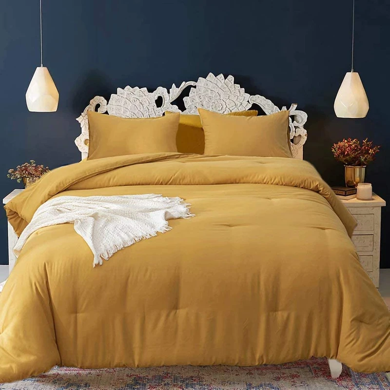 Cottonight Mustard Yellow Comforter Sets King Solid Dark Yellow Bedding Comforter Set Deep Yellow Cozy Blanket Quilts Women Men Durable Modern Style Mustsard Bedding Set for Adults Teens