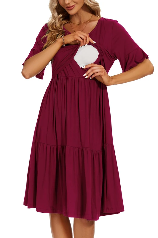 Smallshow Women's Maternity Nursing Dress Ruffle Short Sleeve Breastfeeding Clothes, Maroon, M
