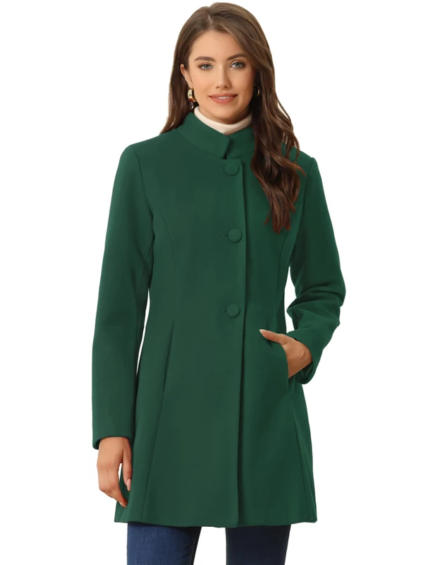 Allegra K Women's Winter Overcoat Mid-Long Stand Collar Single Breasted Coat Outerwear, Deep Green, M