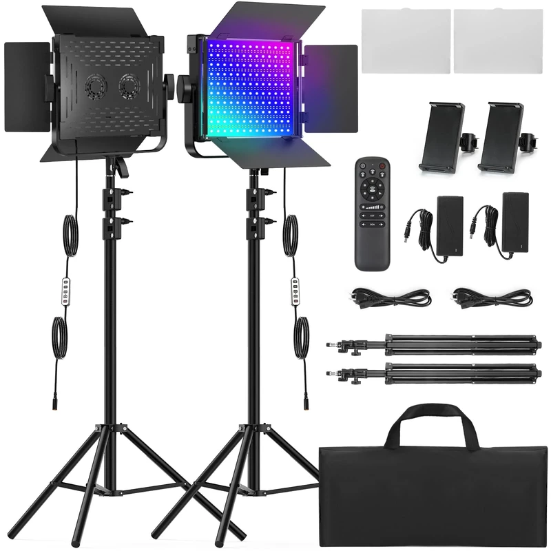RGB Photography Video Lighting Kit, 2 Pack Bi-Color Energy-Saving LED Video Studio Lights with 2300k~8500k Dimmable CRI 97+ for Filming Camera Photo Recording Stage Shooting Streaming YouTube TikTok