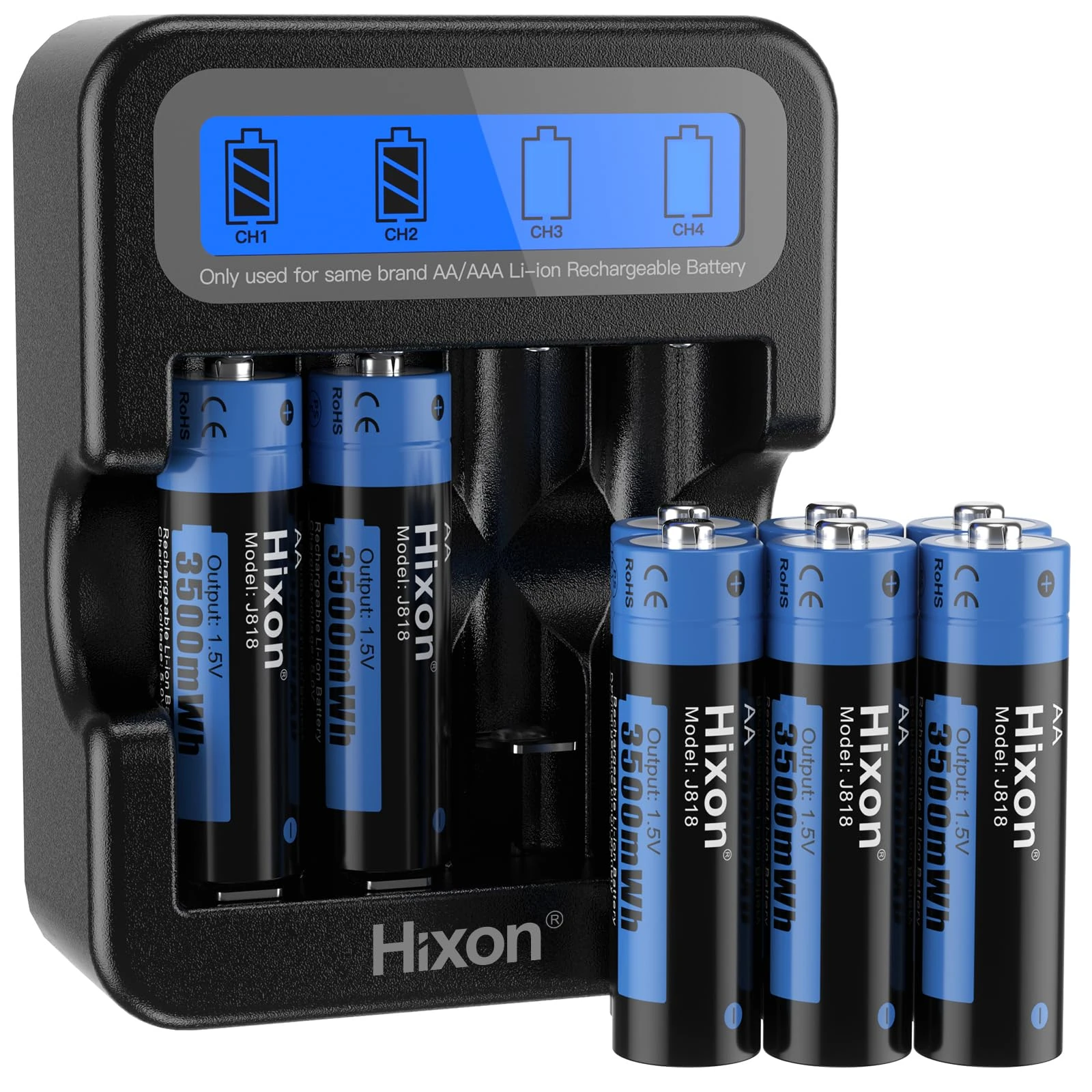 Hixon 1.5V AA Rechargeable Lithium-ion Battery 8pc with LCD charger,3500mWh Hixon AA Rechargeable Batteries for home appliances and Office Devices,1.5V Constant Output